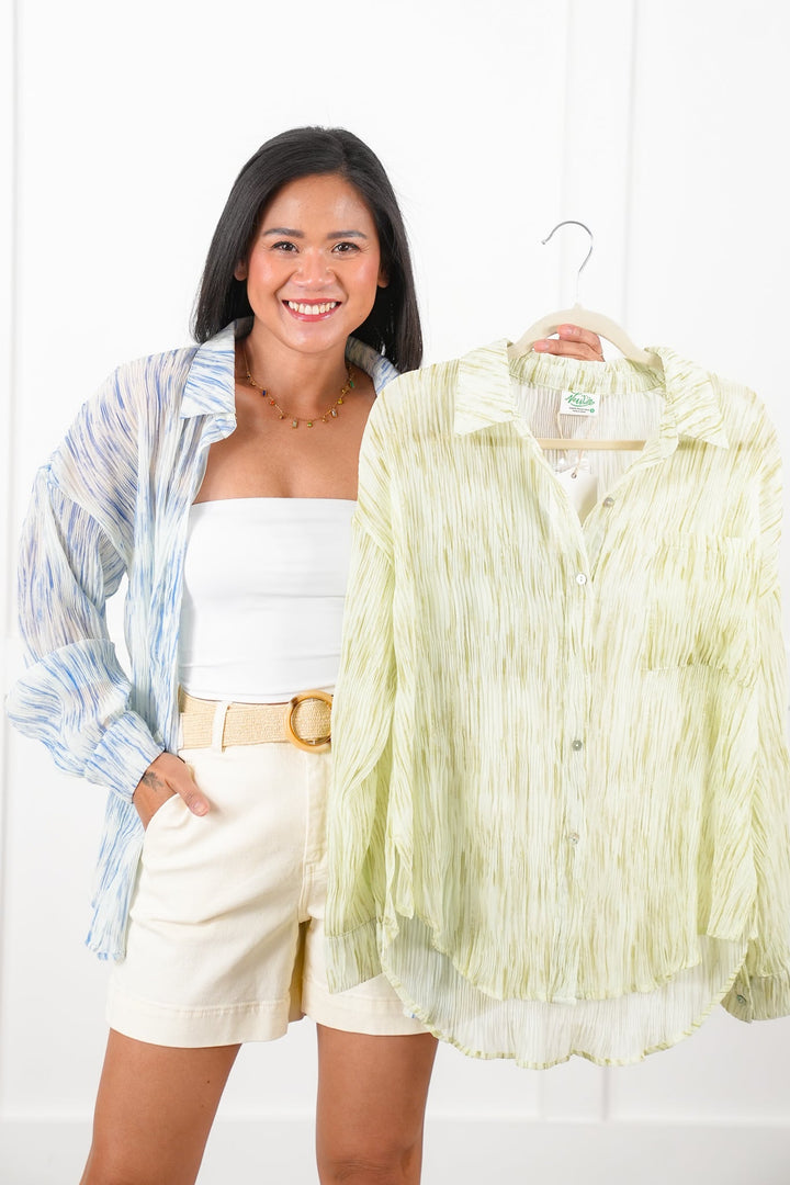 Plus/Reg  Pleated Long Sleeve Button Down Top