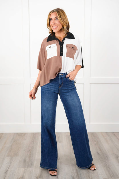 Color Block Short Dolman Sleeve Button Up Top