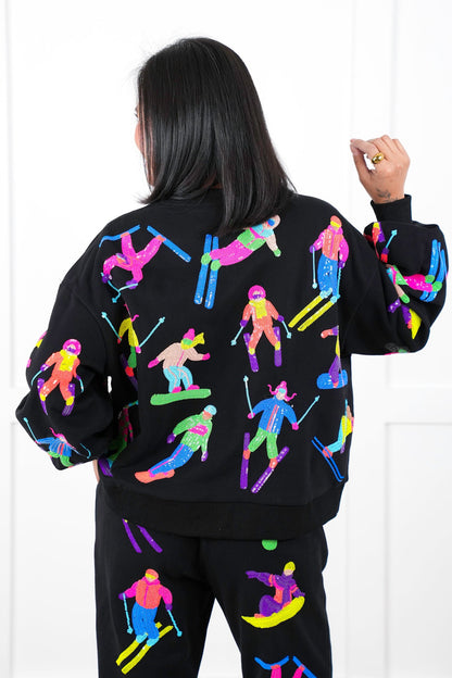 Plus/Reg Queen Of Sparkles All Over Neon Sequin Skiers Pullover Sweatshirt