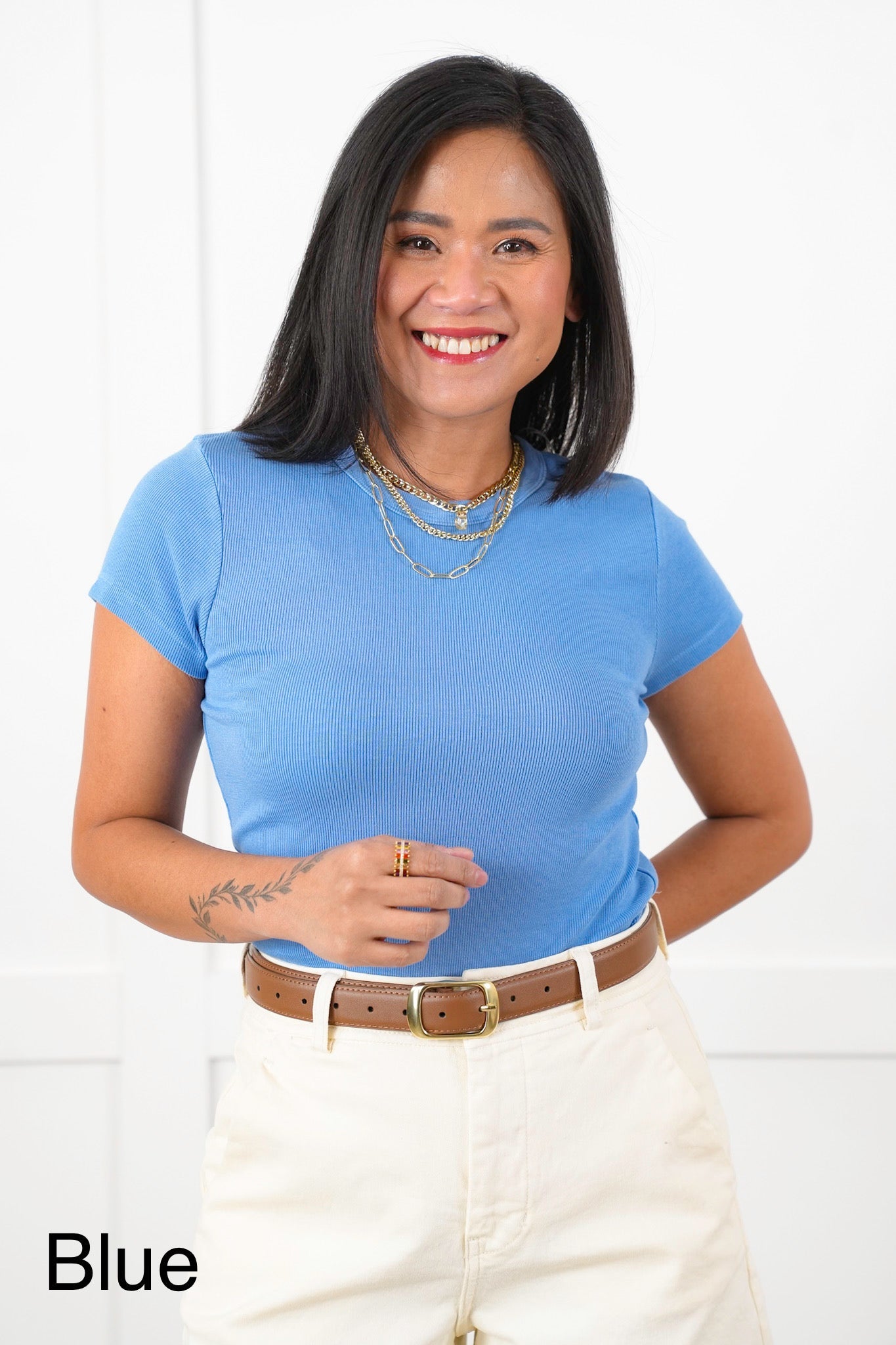 Basic Short Sleeve Round Neck Ribbed Knit Top