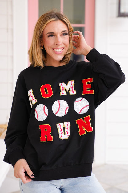 Long Sleeve " Home Run" Baseball Patches Pullover Sweatshirt with Sequin Detail