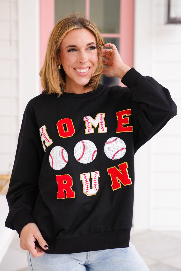 Long Sleeve " Home Run" Baseball Patches Pullover Sweatshirt with Sequin Detail