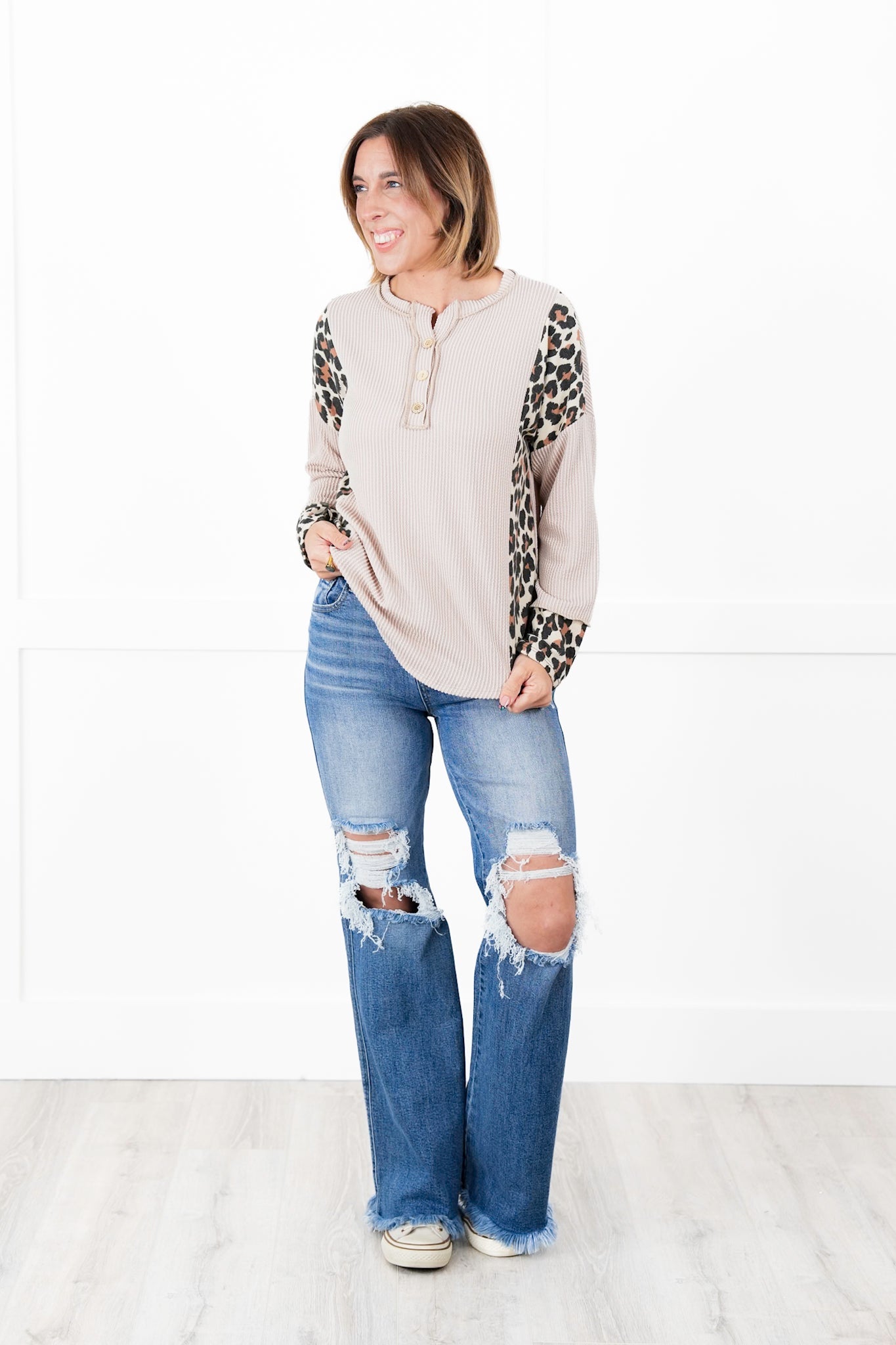Plus/Reg Ribbed Long Sleeve Button Up Top with Leopard Detail