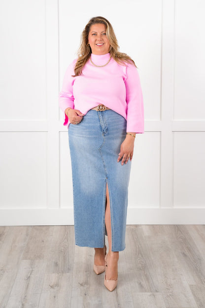 Solid 3/4 Bell Sleeve Mock Neck Knit Top