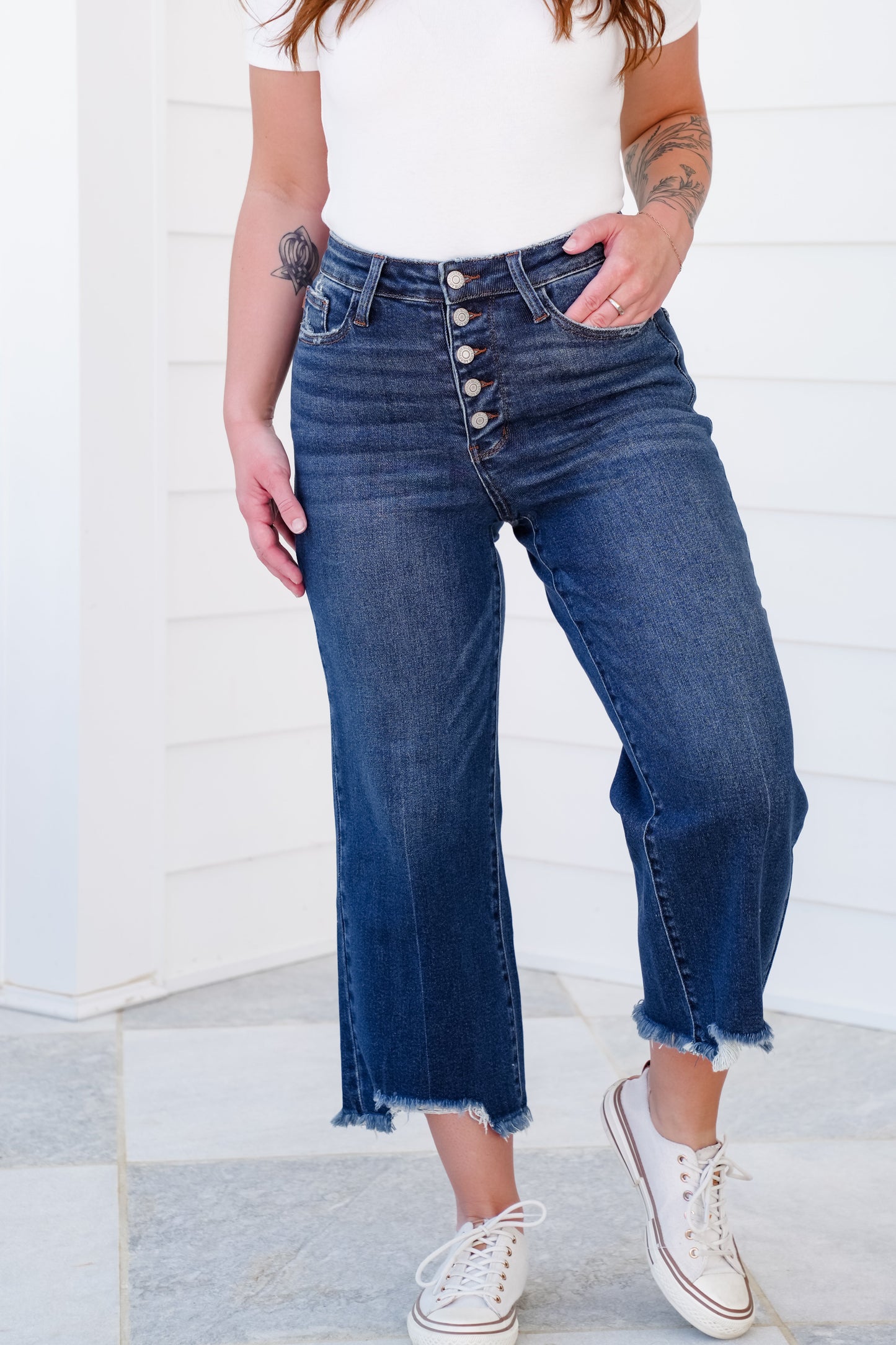 Judy Blue High Rise Medium Wash Button Fly Distressed Hem Cropped Wide Leg Jeans