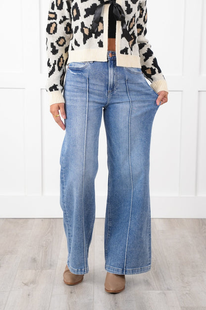 Risen High Rise Medium Wash Pintuck Detailed Wide Leg Jeans