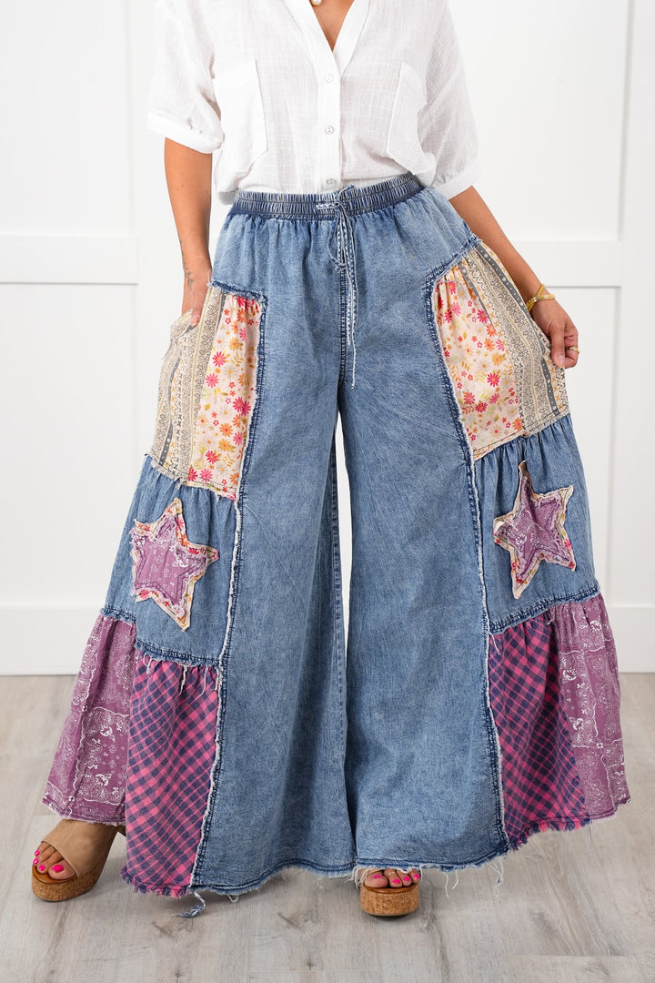 Denim Elastic Waist Wide Leg Pants with Patchwork Detail