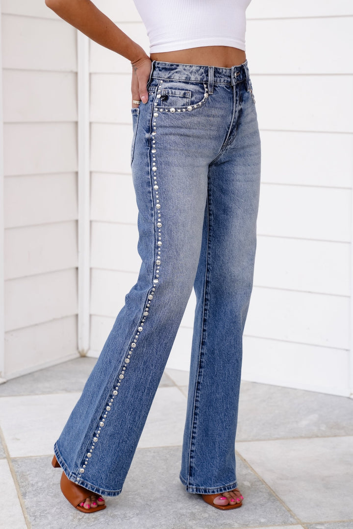 KanCan High Rise Medium Wash Wide Leg Flare Jeans with Stud Embellishment