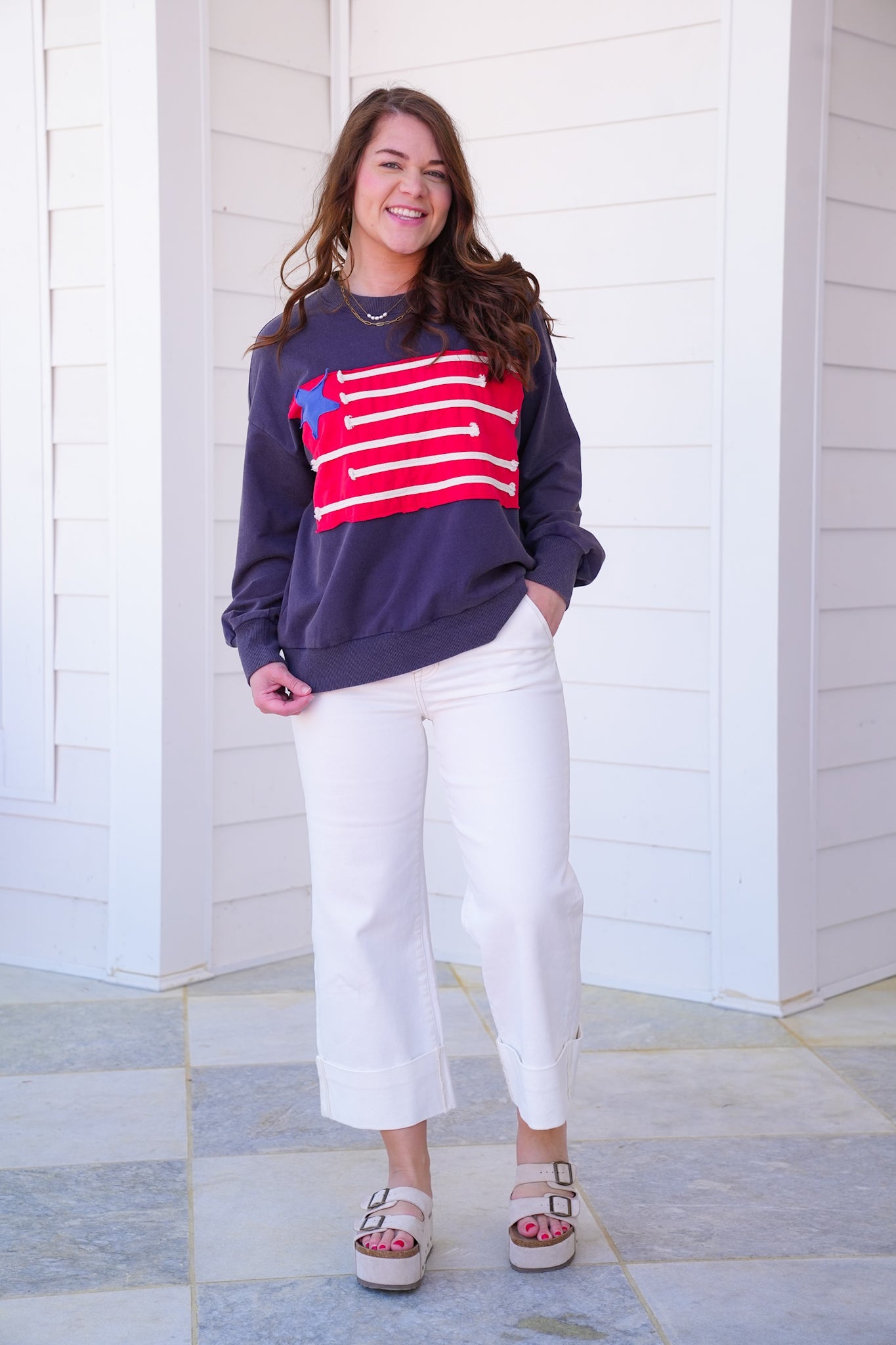 Mineral Wash Long Sleeve American Flag Patch Sweatshirt