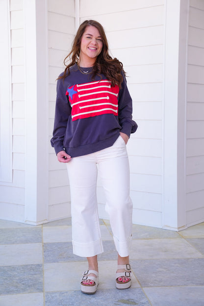 Mineral Wash Long Sleeve American Flag Patch Sweatshirt