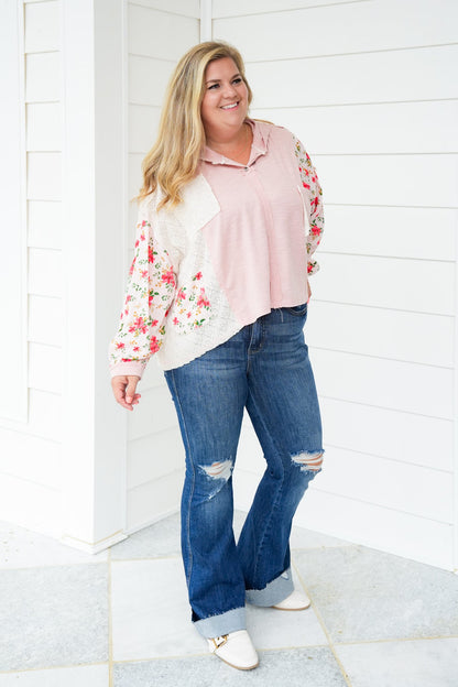 POL Long Sleeve Pullover Hoodie Top with Floral Detail
