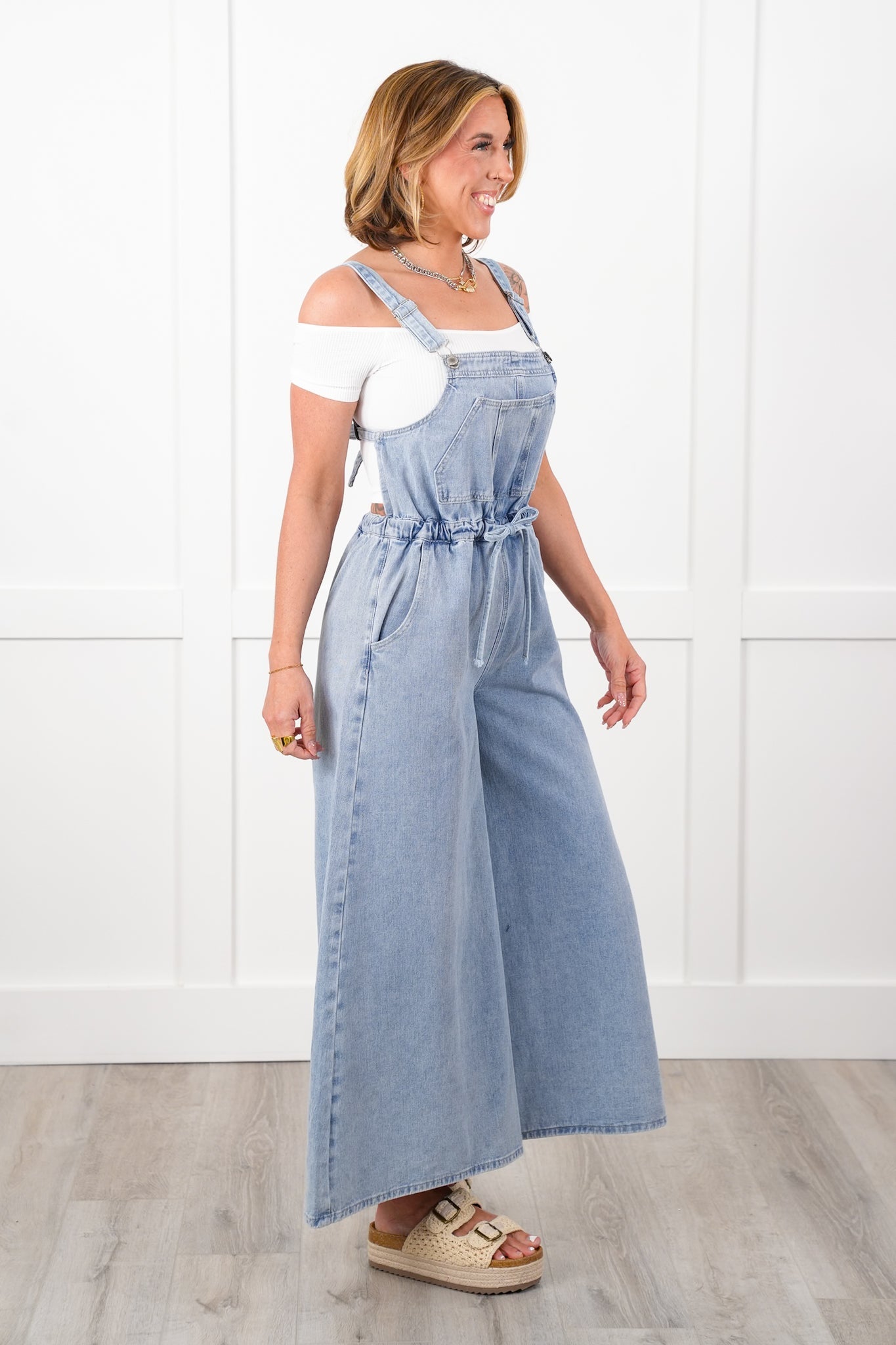 Denim Sleeveless Open Back Wide Leg Overall with Drawstring Detail