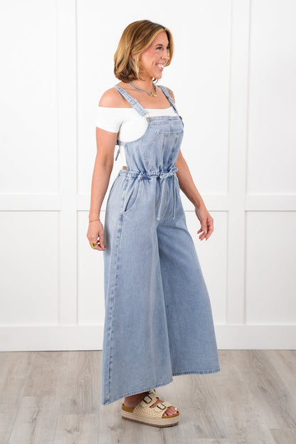 Denim Sleeveless Open Back Wide Leg Overall with Drawstring Detail