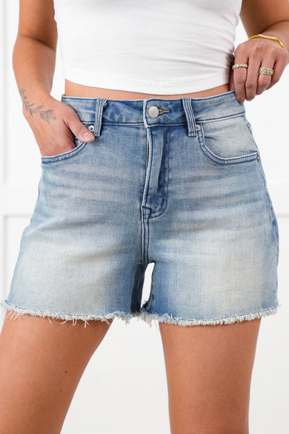 Mica Medium Wash Frayed Hem Shorts