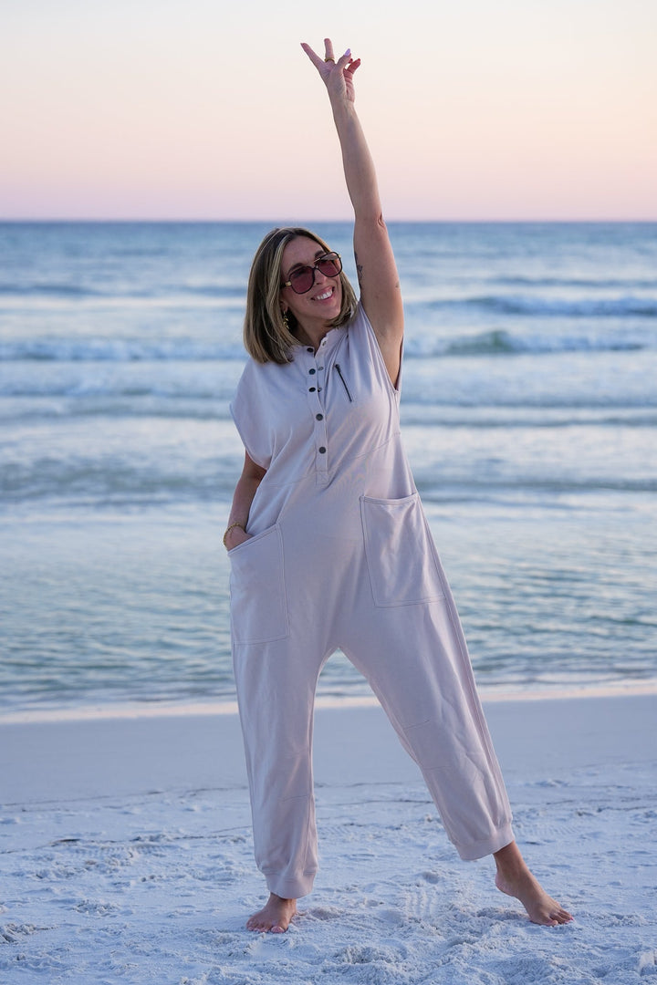 Plus/Reg Taupe Short Sleeve Button Up Knit Jumpsuit with Front Pockets