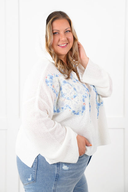 POL Long Sleeve Hooded Sweater with Floral Detail