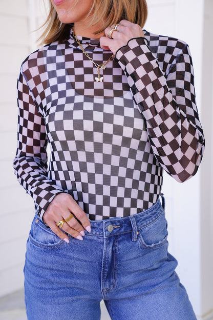 Plus/Reg Checkered Mesh Long Sleeve Mock Neck Top