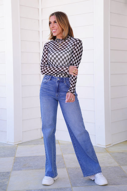 Plus/Reg Checkered Mesh Long Sleeve Mock Neck Top