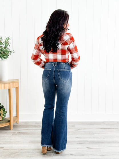 Risen Hot n Cold Vintage Dark Wash Frayed Hem Flare Jeans