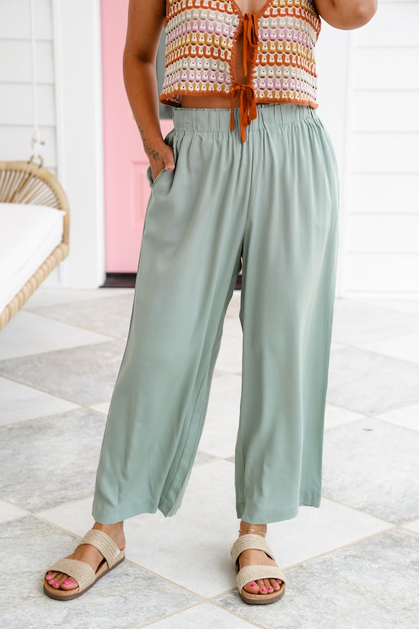Solid Woven Elastic High Waist Wide Leg Pants