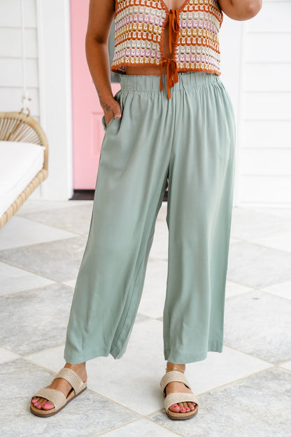 Solid Woven Elastic High Waist Wide Leg Pants