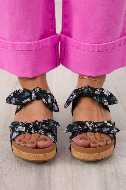 Corky's "Sittin Pretty" Black Floral Cork Wedge Heel with Tied Straps