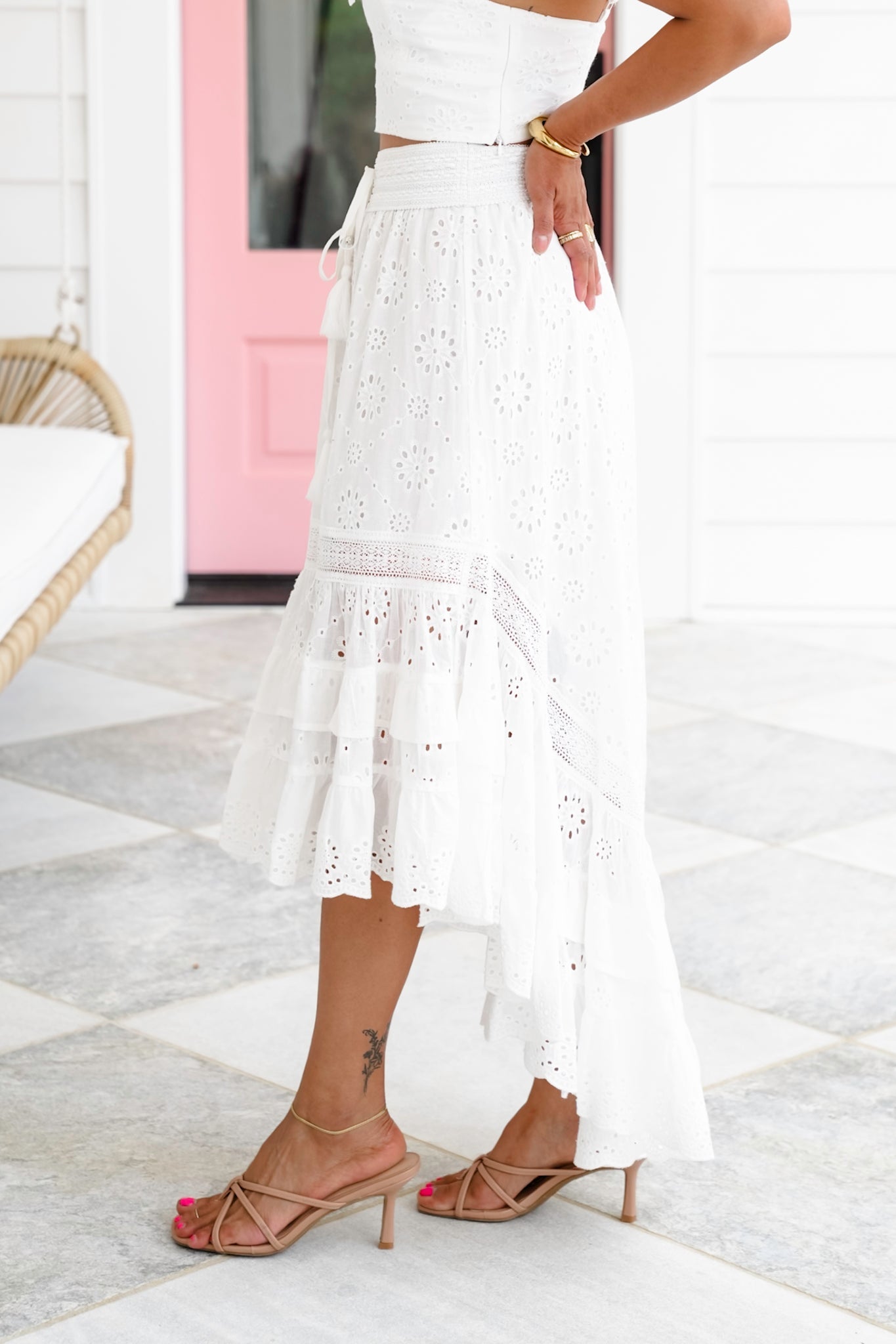 White Eyelet Ruffle Sleeve Crop Top and Hi-Low Skirt Set