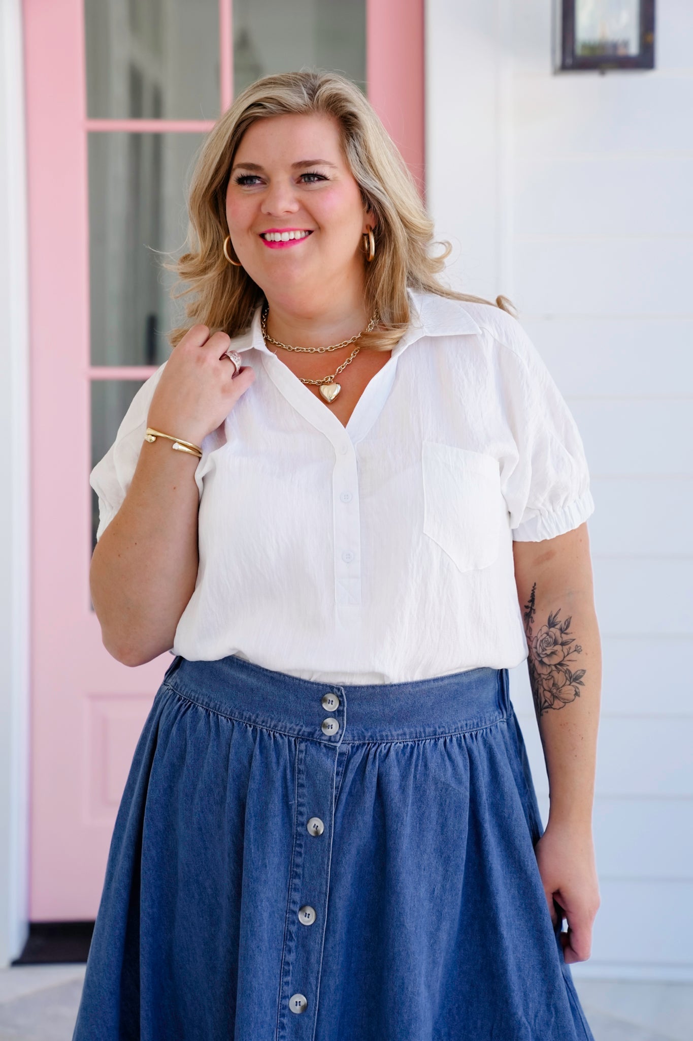White Short Sleeve Button Up V Neck Top