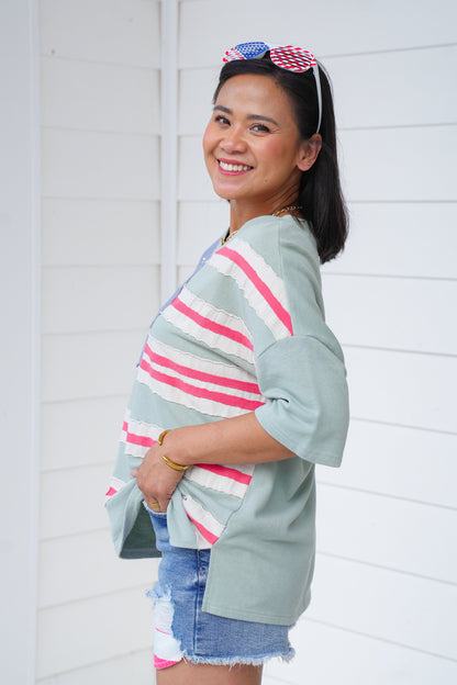 Stars And Stripes Patch Short Sleeve Terry Knit Top