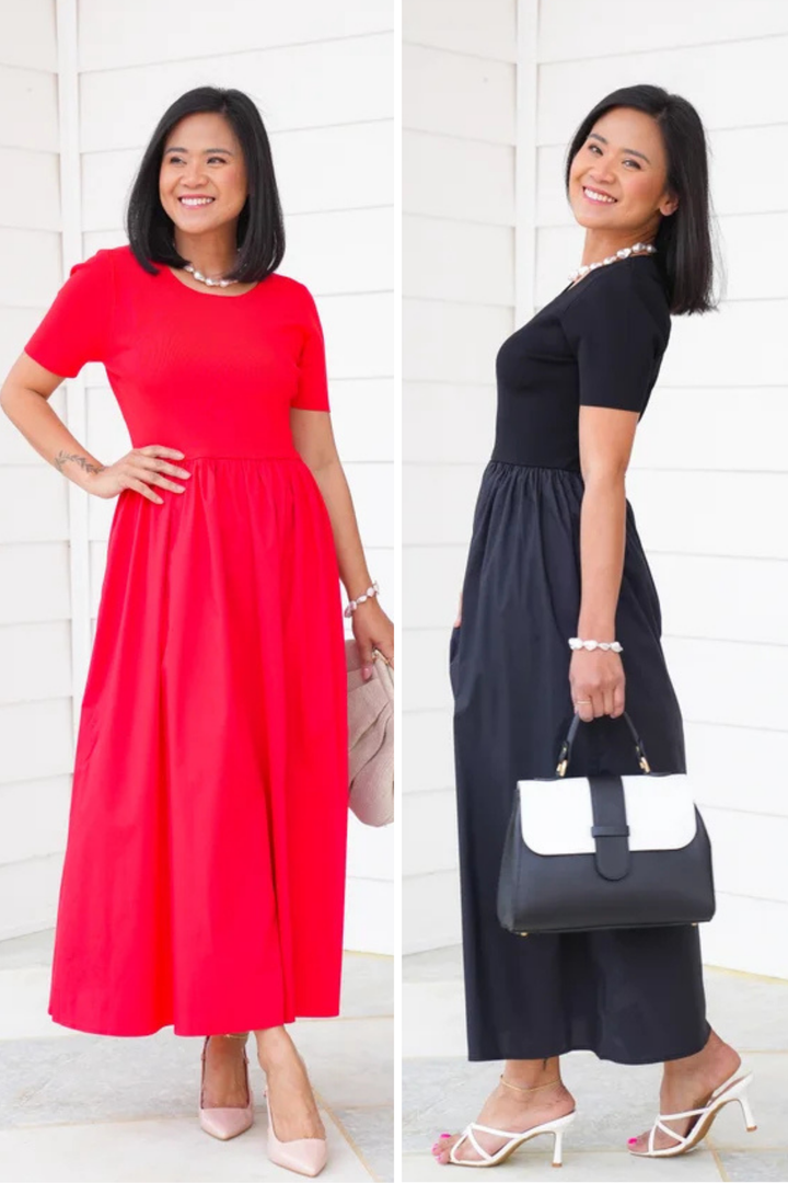 Solid Mixed Fabric Short Sleeve Maxi Dress