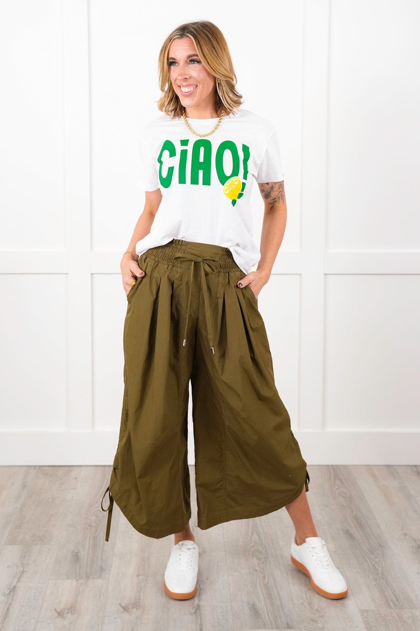 Plus/Reg Pleated Smocked Waist Wide Leg Pants