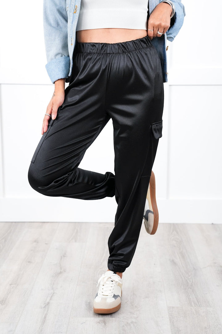 Plus/Reg Black Satin Elastic Waist Cargo Jogger Pants