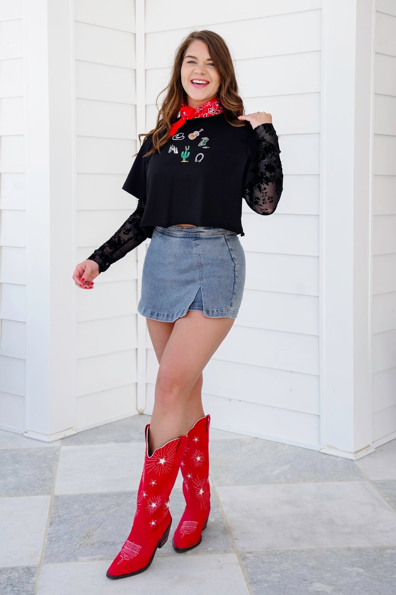Long Burnout Sleeve Layered Crop Top with Embroidered Western Theme Detail