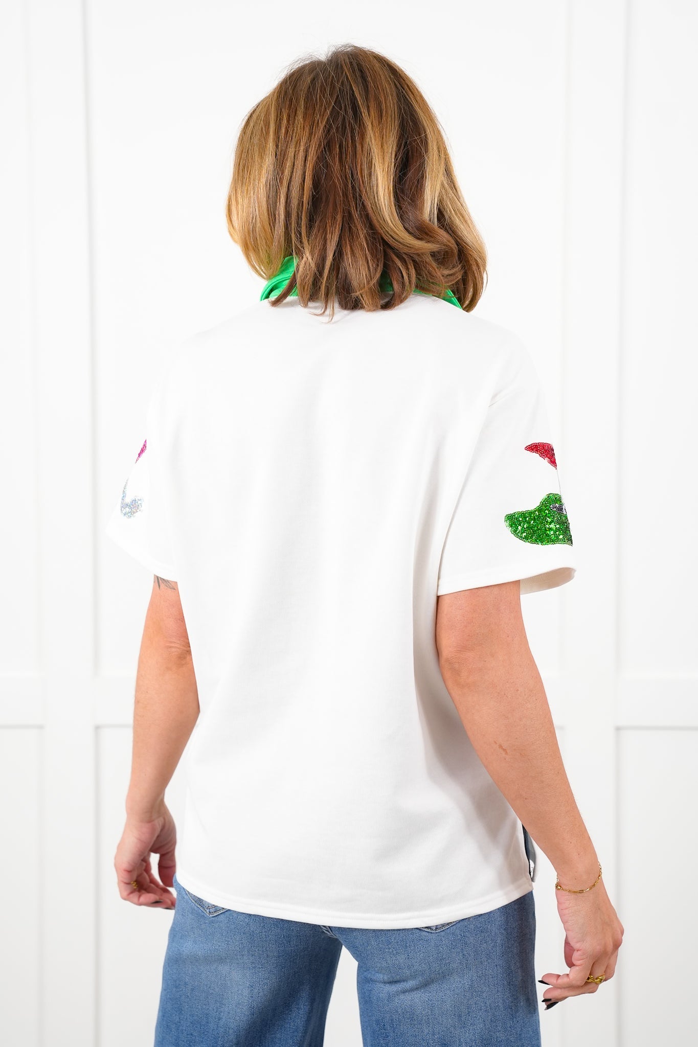White Short Sleeve V Neck Polo Top with Sequin Golf Detail