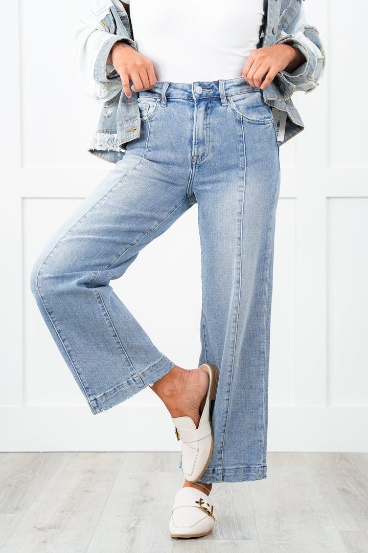 Restock Risen High Rise Light Wash Cropped Wide Leg Jeans