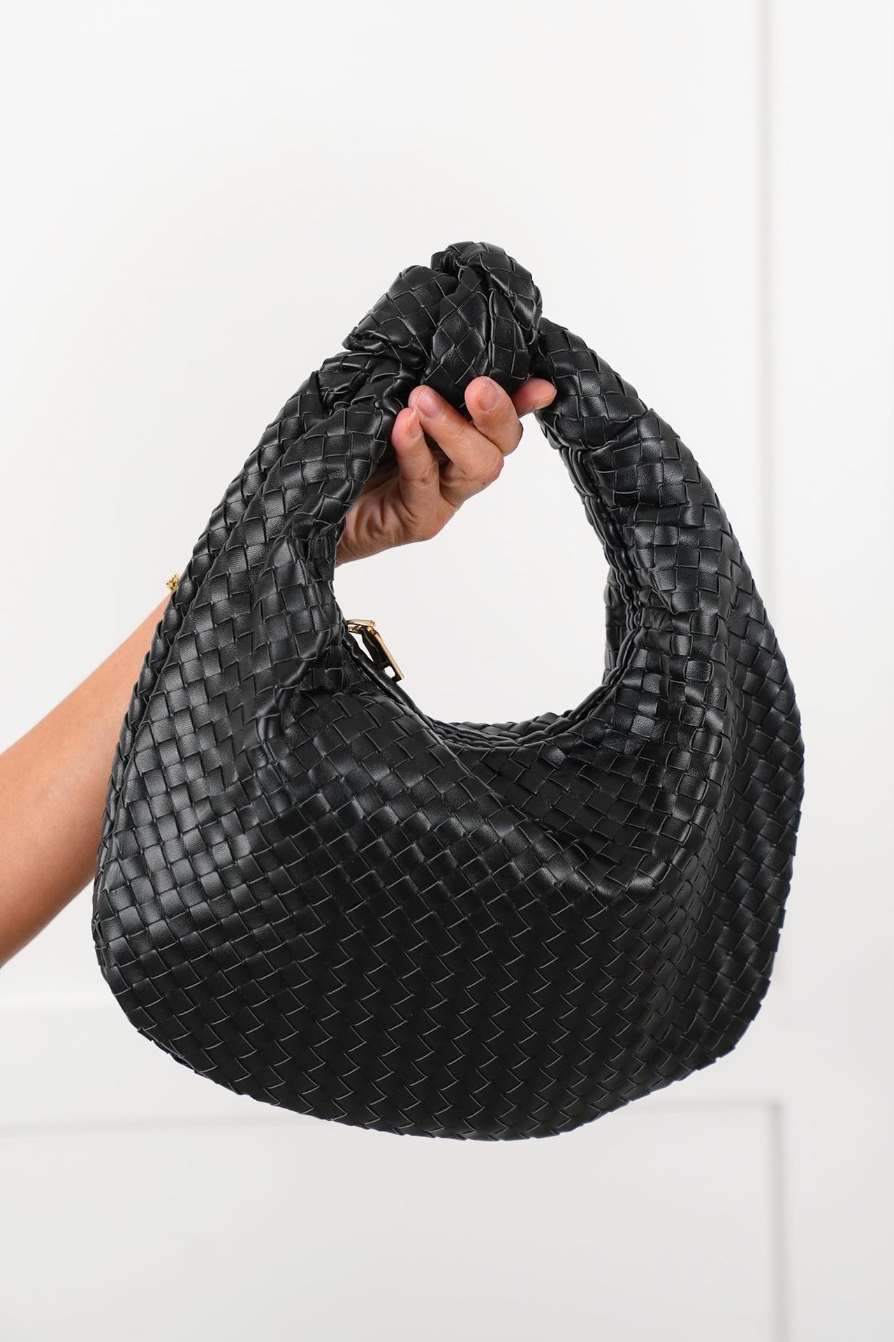 Black Vegan Leather Woven Hobo Bag