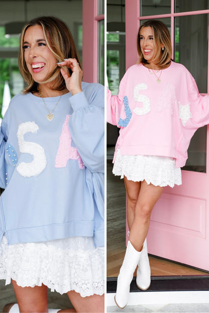 Long Sleeve "USA" Patch Pullover with Pearl Detail