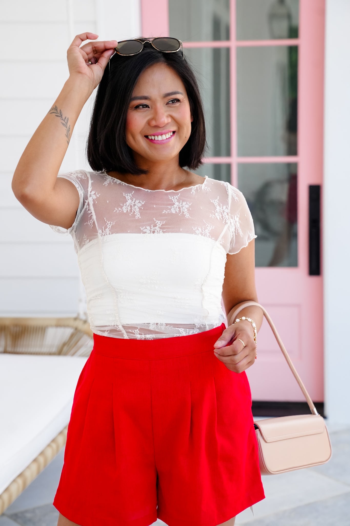 Floral Mesh Short Sleeve Top with Ruching Detail