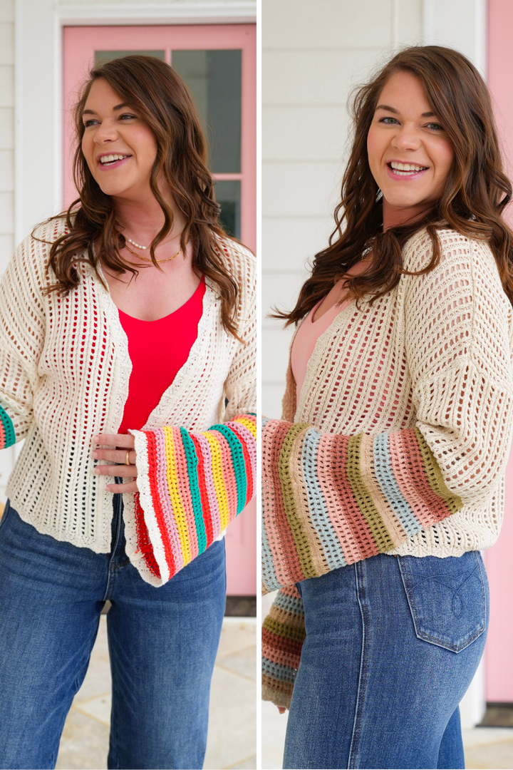 Color Block Long Bell Sleeve Loose Knit Cardigan