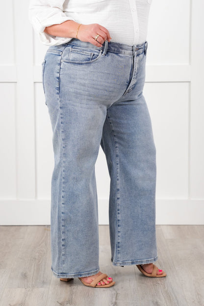 Risen High Rise Light Wash Tummy Control Elastic Waistband Cropped Wide Leg Jeans