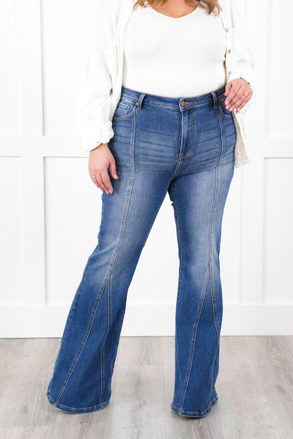 Risen High Rise Dark Wash Flare Jeans with Front Seam Detail