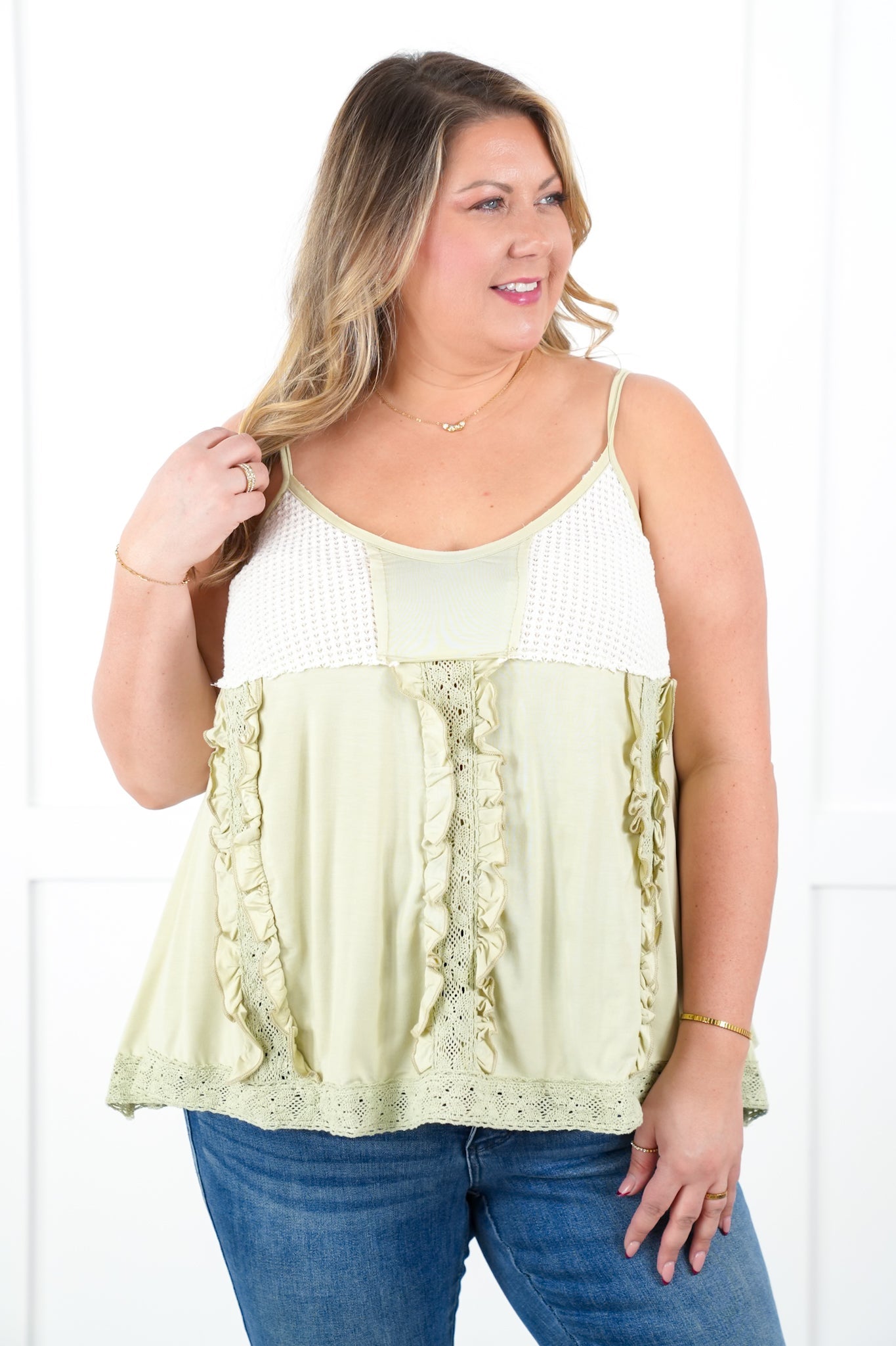POL Sleeveless V Neck Knit Top with Ruffle Detail