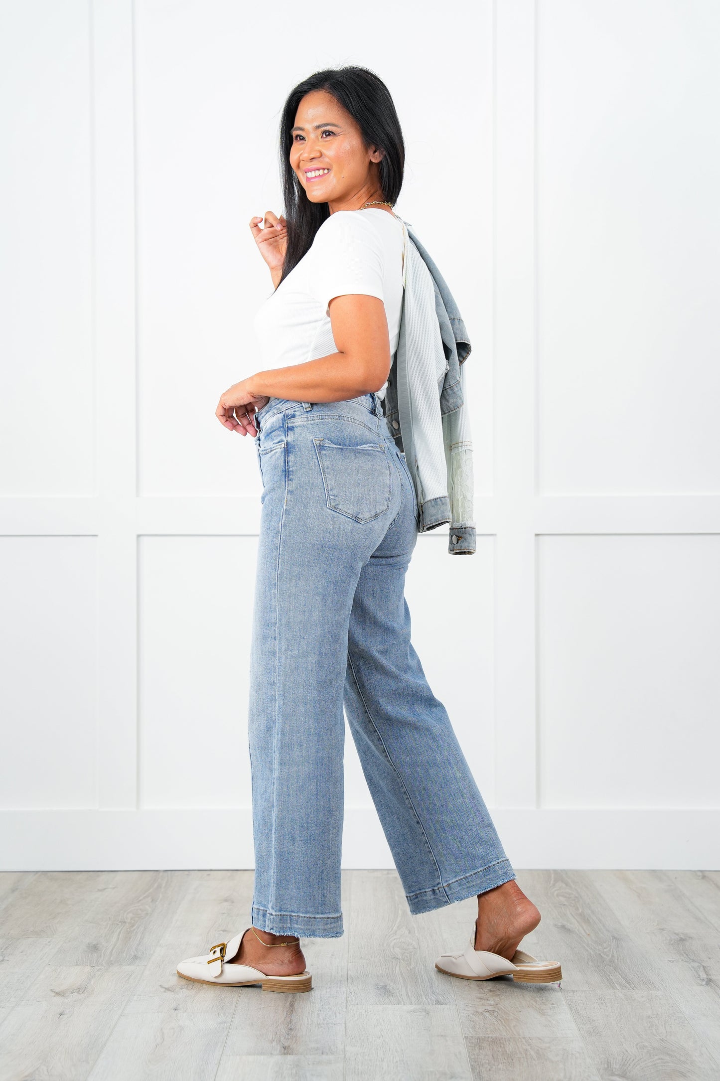Restock! Risen High Rise Light Wash Cropped Wide Leg Jeans