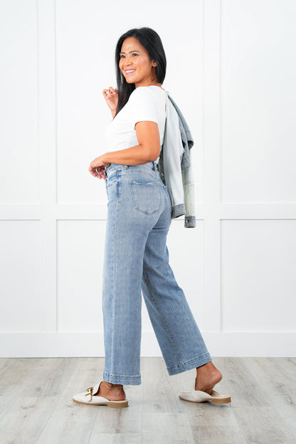 Restock! Risen High Rise Light Wash Cropped Wide Leg Jeans