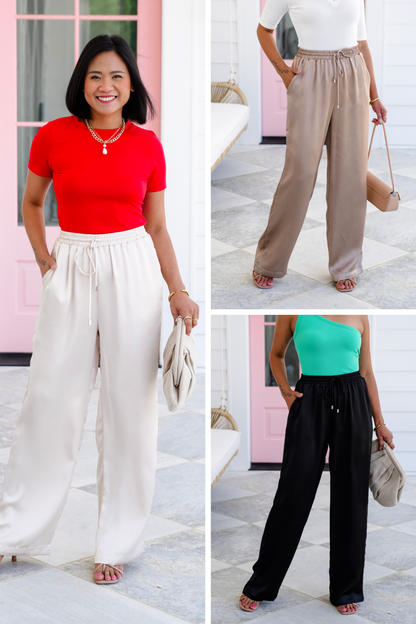 Satin Elastic High Waist Wide Leg with Side Pockets