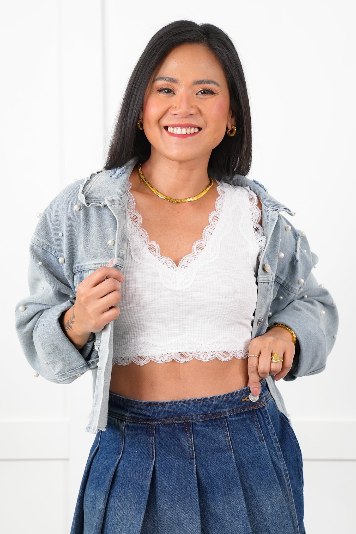 Restock! POL Rib Knit Sleeveless Double V Neck Crop Top with Lace Detail