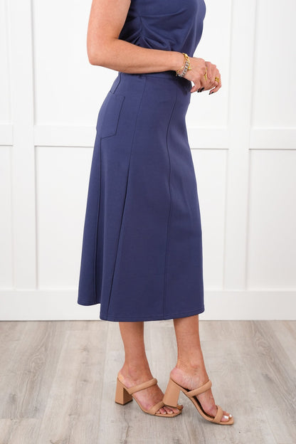 Navy Elastic Waist A-Line Midi Knit Skirt