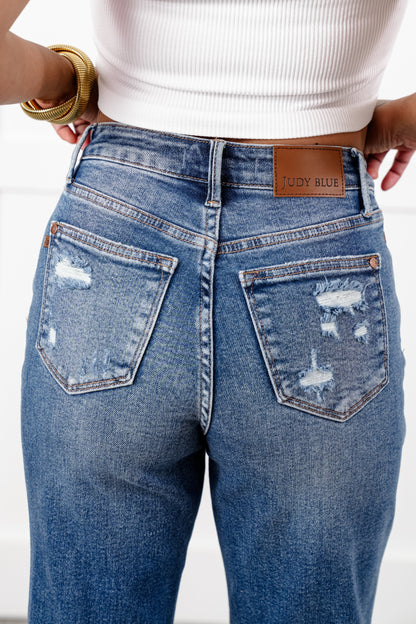 Judy Blue High Rise Medium Wash Heavy Distressed Straight Leg Jeans