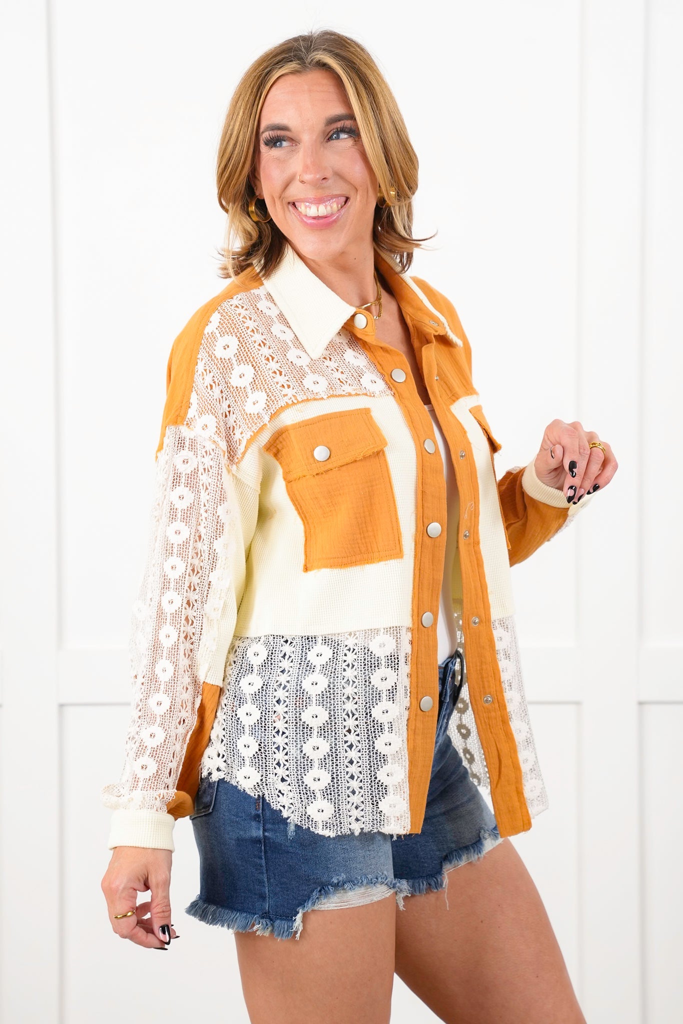 Color Block Long Sleeve Button Down Shacket with Contrast Detail