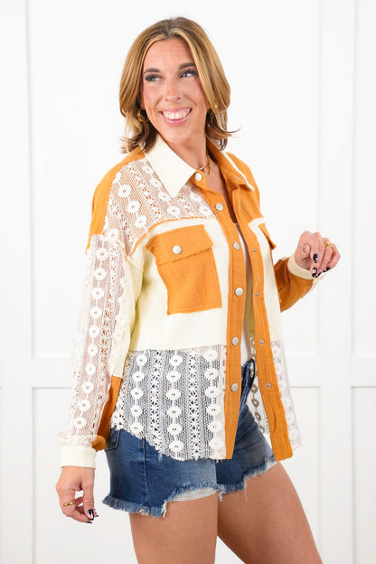 Color Block Long Sleeve Button Down Shacket with Contrast Detail